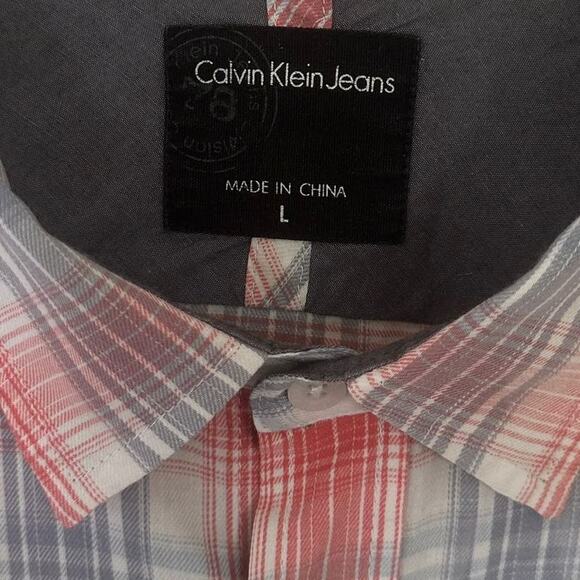 Calvin Klein Button Up Shirt Plaid Lightweight Collared Mens Sz Large Red Blue - Picture 6 of 9